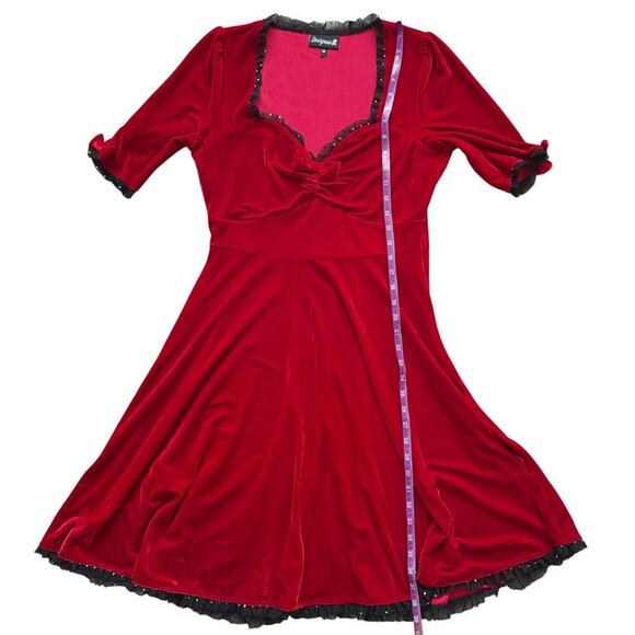 Sourpuss Velvet Vivienne Pinup Dress Women's Size M Med Mini Lace Trim 1245 vamp - Picture 13 of 14